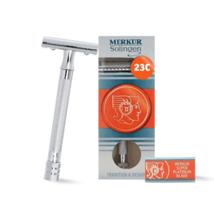 23C Double Edge Safety Razor - Polished Chrome, Long Knurled Brass Handle, Made in Germany, Plastic-Free, Three Piece Design, Closed Comb, Straight Bar
