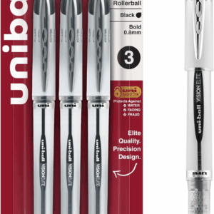 Uniball Vision Elite Bold Rollerball Pens; Black Ink; Pack of 3; Fine Point Smooth Writing Pens; Office Supplies