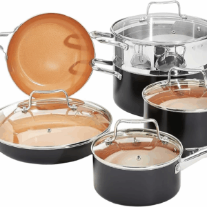 Ceramic Nonstick Pots and Pans Cookware Set, Dishwasher & Oven Safe, Even Heating, 10-Piece Set, Copper Color